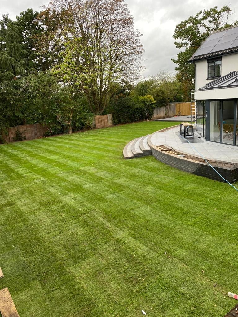 Landscaped backyard with modern house and patio