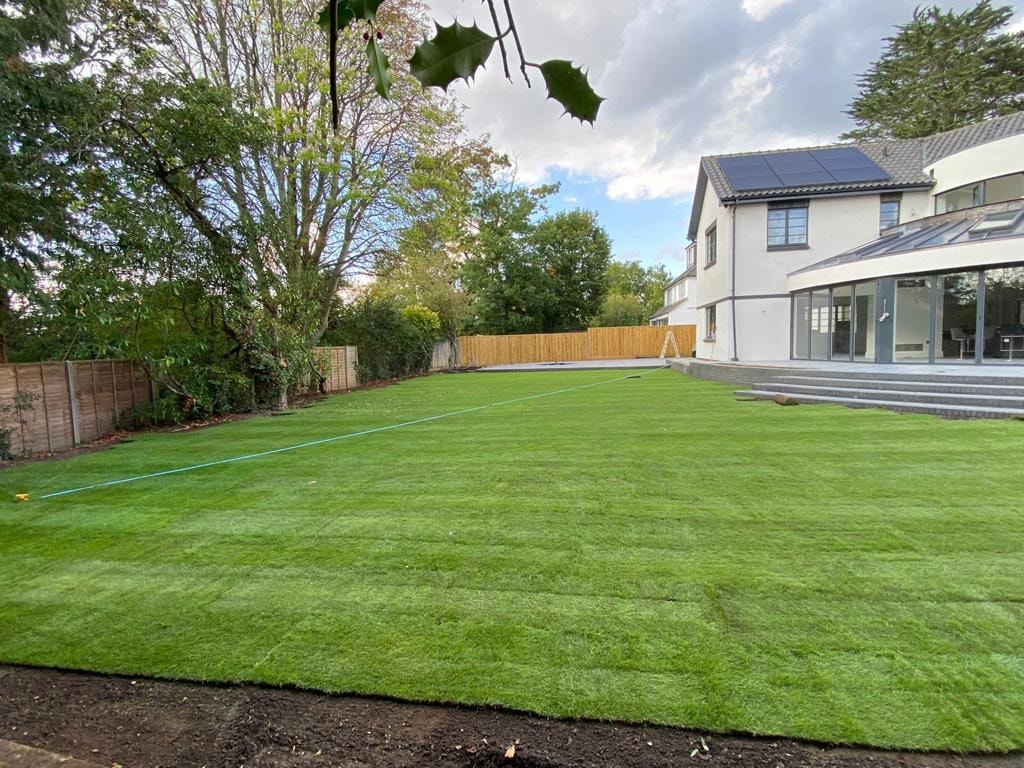 New lawn installation beside a modern house